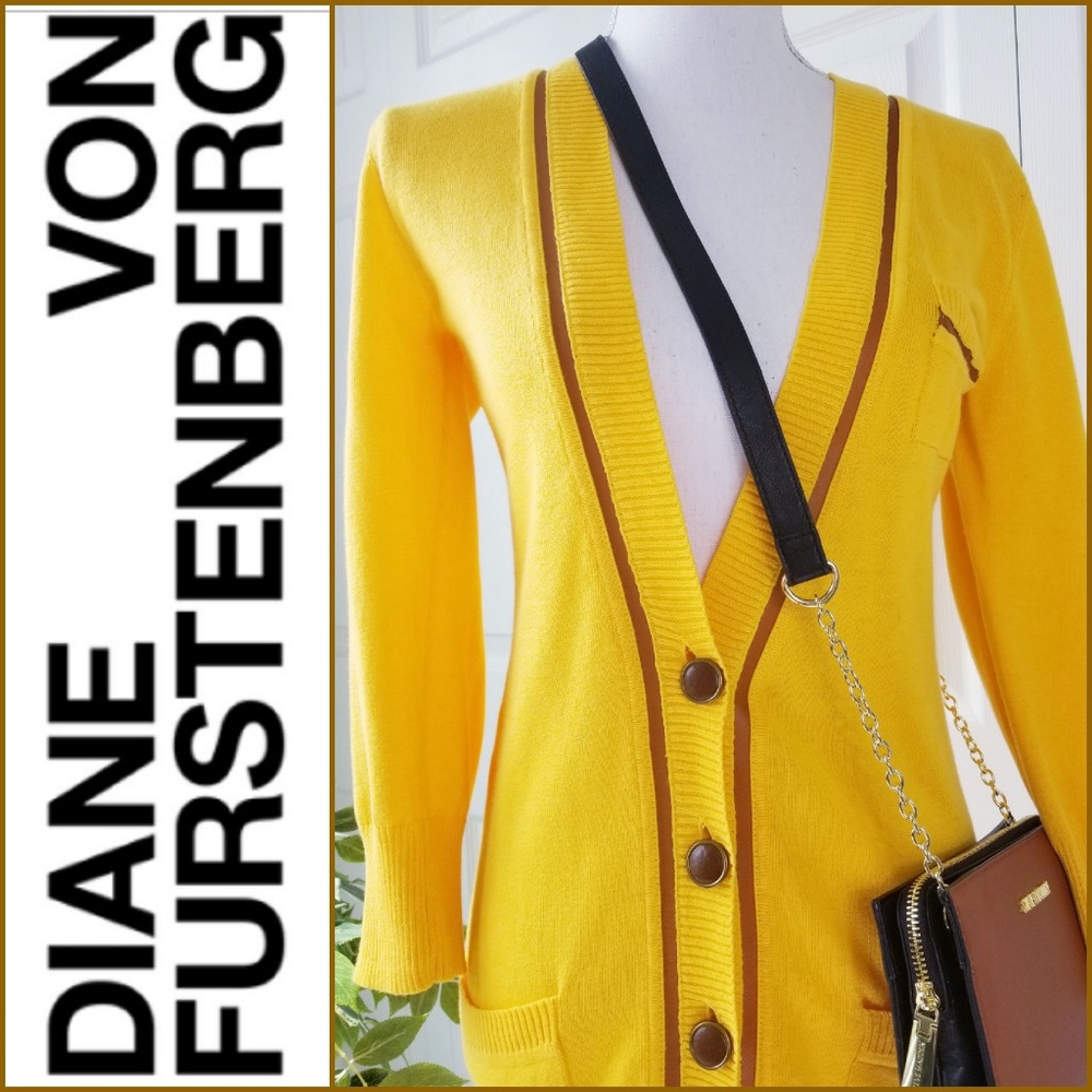 DIANE VON FERSTENBURG Cardigan Leather Trim!